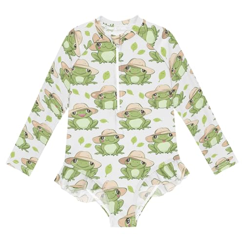 Cute Frog Seamless Girls Long Sleeve Swimsuit Rash Guard One Piece Bathing Suits Zipper 3-12T