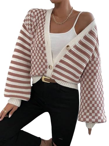 Women's Long Sleeve Cardigan V Neck Drop Shoulder Cardigan Ribbed Knit Two Color Checkered Loose Warm Cozy Ladies Sweater Top3