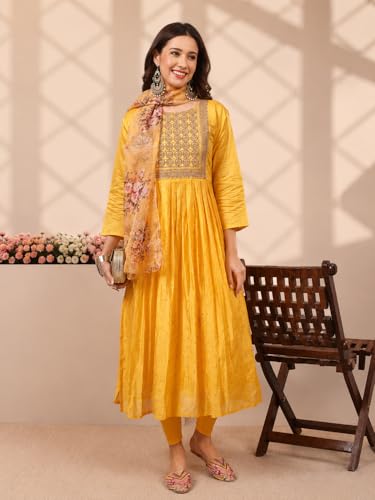 Image of Women's Chanderi Kurta with Legging and Dupatta | Modern & Traditional Blend Ethnic Wear Set | Festive & Casual Summer Kurti with Pants for Party Office & Ethnic Occasions