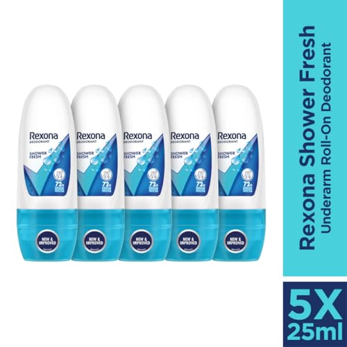 Image of Rexona Shower Fresh Underarm Roll-On Deodorant for Women | 72 Hours Long-Lasting Odour Protection | 0% Alcohol, Safe on Skin | 25ML (Pack of 5)