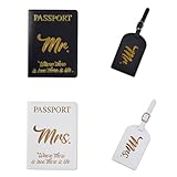 2 Sets Couples Passport Holder Set PU Leather Mr.and Mrs.Luggage Tags Black and White Passport Covers and Luggage Tags Travel Accessories for Storing Passport Boarding Passes Credit Cards