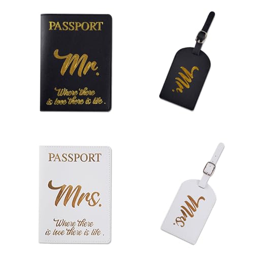2 Sets Couples Passport Holder Set PU Leather Mr.and Mrs.Luggage Tags Black and White Passport...