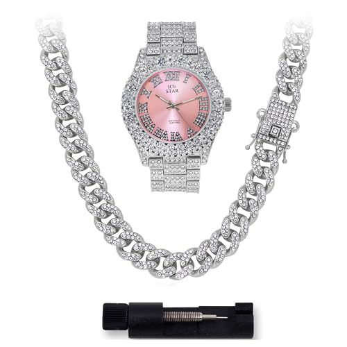 Montre et chaîne pour femme Techno Pave boîtier 44 mm montre solitaire chic