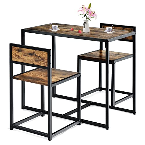 GOPLUS Juego de 3 asientos, mesa de bistró con 2 sillas, mesa de bar con 2 taburetes, mesa de bar estrecha, sillas con respaldo, diseño industrial, para cocina, comedor (marrón)