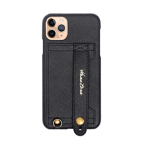 iPhone11ProMax ケース Handy ハードケース PUレザー 落下防止 耐衝撃 スタンド機能 ハンディベルト ハンドメイド ストラップホール ストラップリング カードポケット ブラック 黒 H6-11ProMax-Black