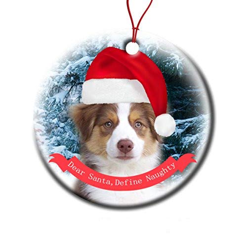 Xmas Ornaments Ceramic Flat Round Snowflakes Santa Dog Australian Shepherd Red Tri Custom Tree Branch Hanging Decoration for Holiday Season