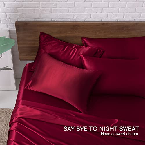 Image of MR&HM Satin Bed Sheets, Queen Size Sheets Set, 6 Pcs Silky Bedding Set with 15 Inches Deep Pocket for Mattress (Queen, Burgundy)