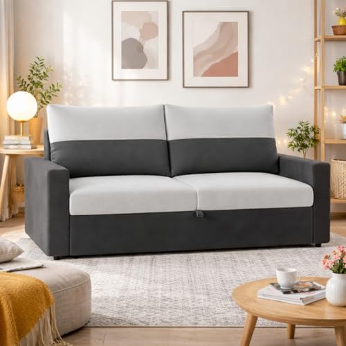 Image of SOCOZI Enrique 2-Seater Pull-Out Sofa Cum Bed | Soft Velvet Suede Fabric, Convertible Sofa Bed for Bedroom (Dark Grey-Light Grey)
