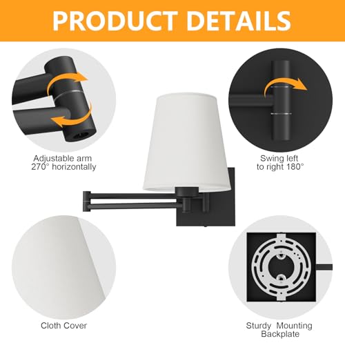 Image of Aipsun Black Wall Sconce Set of 2, Swing Arm Wall Lamps, Modern Bedroom Wall Sconce Fixtures with Fabric Lampshade for Reading Hallway Living Room(Exclude Bulb)