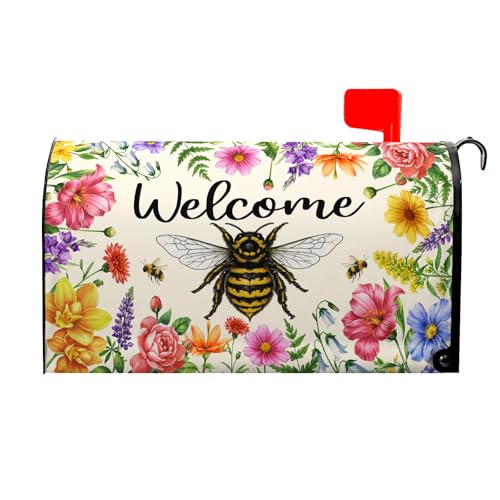 Summer Bee Floral Mailbox Covers Magnetic Standard Size 21 x 18 Inch Seasonal Holiday Spring Flower Welcome Mailbox Wraps Post Letter Box Cover for Garden Yard Decor
