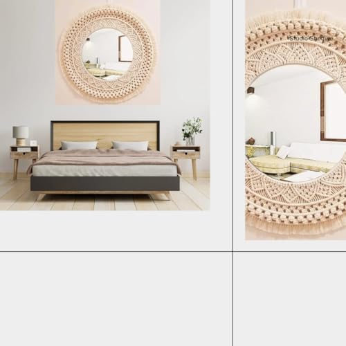 Image of Handmade Cotton Macrame Wall Hanging Glass Mirror with Boho Fringes, Bohemian Art Decorative Aina for Make-Up, Living Room, Bedroom