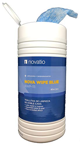 NOVATIO TOALLITAS LIMPIEZA SUCIEDAD MECANICOS - Limia grasa, manos, lacas, tinta, aceite, adhesivo, alquitrán y tintes. Nova Wipe Blue toallita húmeda limpieza sin aclarado Cover