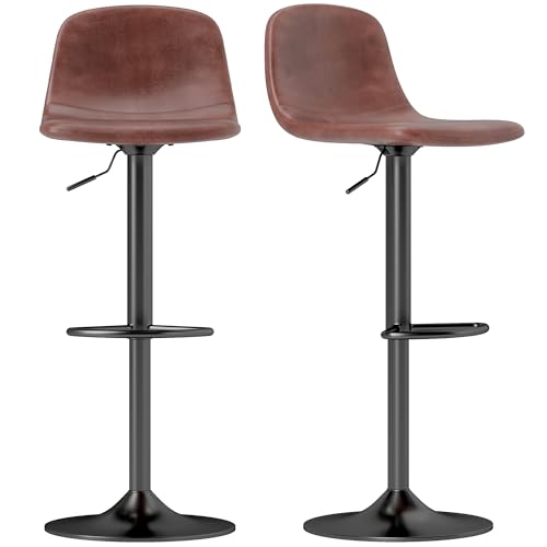 HOMCOM Juego de 2 Taburetes de Bar Taburetes Altos de Cocina Regulable en Altura 84-104 cm con Respaldo y Reposapiés Tapizado en PU Giratorio en 360° para Comedor Mostrador Marrón
