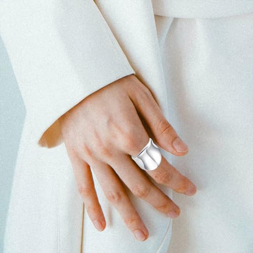 HAIXIAN Inclined Silver Plain Wide Band Ring,S925 Sterling Silver Statement Thumb Index Finger Chunky Band,Cocktail Party Jewelry for Women (Ring_A, 7)
