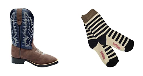 TuffRider Children's Acadia Square Toe Western Boot- Brown w/Tan-With Free Assorted Striped Socks