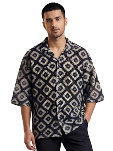 Image of GRECIILOOKS Men`s Shirt | Mens Casual Crochet Knitted | Half Sleeve Printed Crochet with Cuban Collar Shirt`s | Relaxed fit Down Shoulder Textured & Stylish Premium Mens Shirt