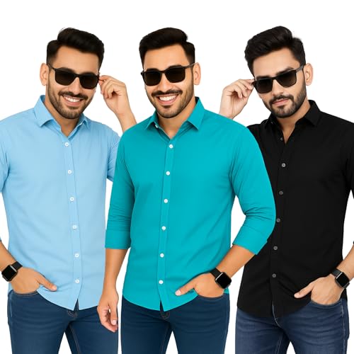 Image of Men's Polycotton Shirt Combo Pack of 3 | Regular Fit Casual & Formal Wear | Wrinkle Resistant | Soft & Breathable Shirt for Men