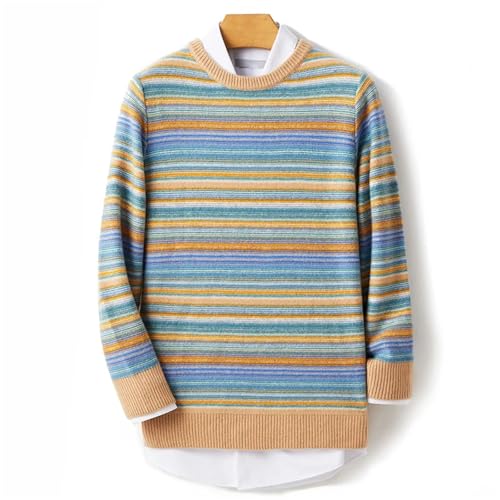 Men's 100Percent Merino Wool Pullover Sweater Retro Color Stripe O-Neck Knitwear Thick Long Sleeve Cashmere Jumper4