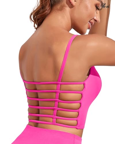 Pfreesea ストラップスポーツブラ 女性用 ハイサポート オープンバック ワークアウトトップス ロングライン タンクトップ ビルトインブラ ヨガ クロップブラ, ホットピンクスポーツブラ, X-Largeの商品画像（Amazon）