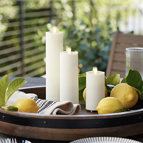 Image of Luminara Outdoor Slim Pillar Flameless LED Candle, Set of 3 Ivory, Moving Flame Weather Resistant Remote Timer Ready Battery Operated Safe Melted Edge