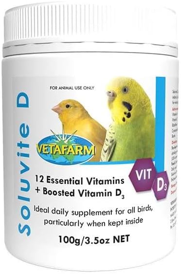Soluvite D Multivitamin Powder with Vitamin D3, 100g, Water Soluble, for Parakeets, Parrots, Finches, Canaries, Lovebirds, All Caged Birds