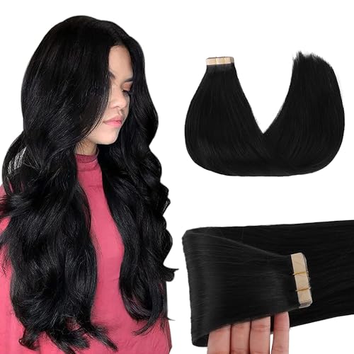 GOO GOO Tape in Hair Extensions Human Hair, 1 Jet black, 10inch 30g...