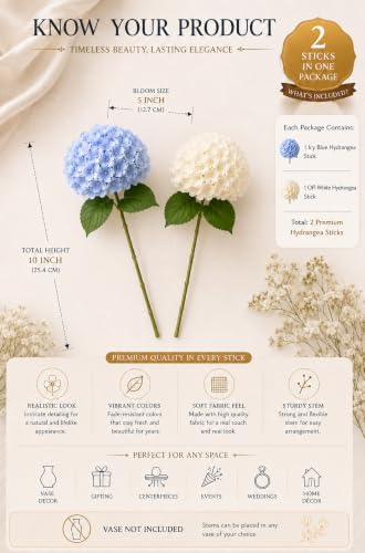 Image of Divyakosh 2 Hydrangea Flower Sticks (Vases Not Included), Artificial Flowers Bunch, Artificial Flower for Vase,Flower Bouquet Gift, Living Room Office Dining Table Centerpiece Home Decor