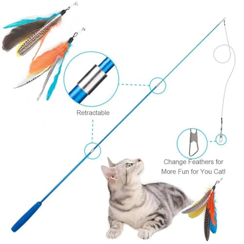 Image of Sunkizzrs Interactive Cat Feather Toy Set - Activity Toys for Kittens - Wand to Exercise Cats - Stick Toy for Indoor Persian Cats (Retractable Stick+Feather)