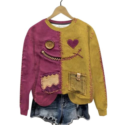 Halloween Sweatshirt Women Patchwork Pullover Ragdoll Doll Face with Pocket - image 5