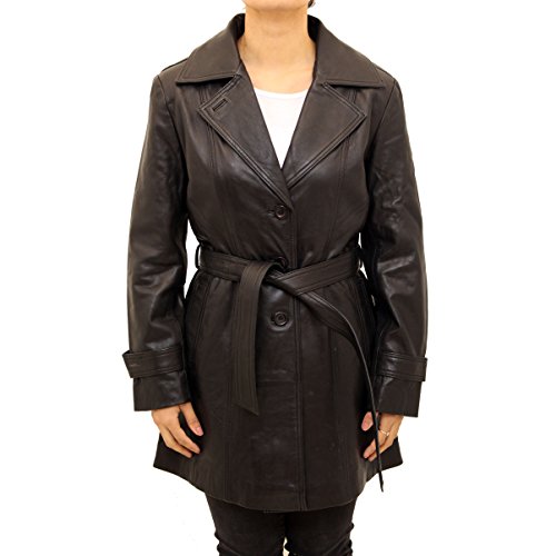 A to Z Leather Señoras Mujeres Negro Real funda de piel 3/4 Trench Abrigo Largo con cinturón para atar y ventilación trasero Negro negro...