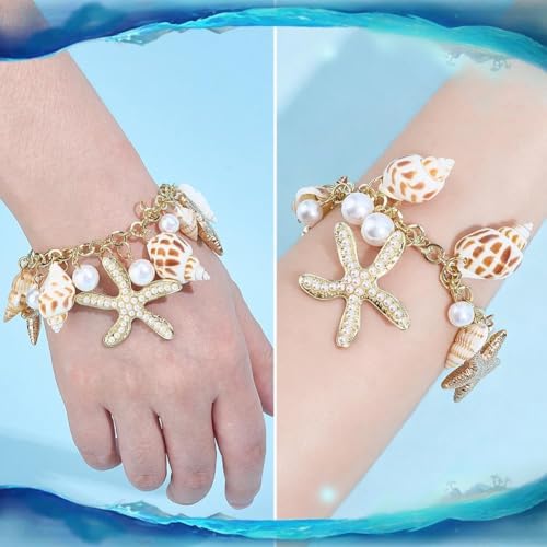 Image of Sichumaria Sea Shell Starfish Bracelets,Bohemian Sea Themed Beach Jewelry Adjustable Gold-Tone Wrist Chain Mermaid Starfish Bracelet for Women and Girls