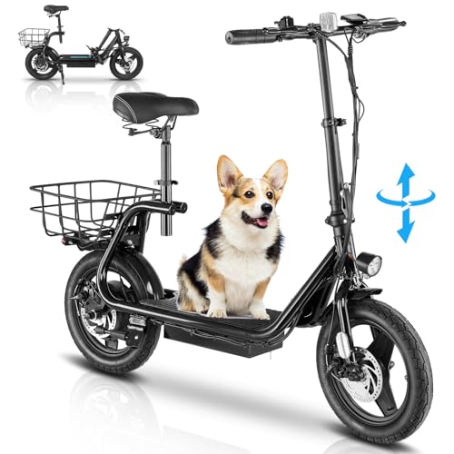 Caroma Peak 500W Electric Scooter with Seat, 14" Fat Tire Electric Scooters for Adults, 36V Battery up to 15 Miles&20MPH, Foldable Adult Electric Scooter for Commuting with Basket