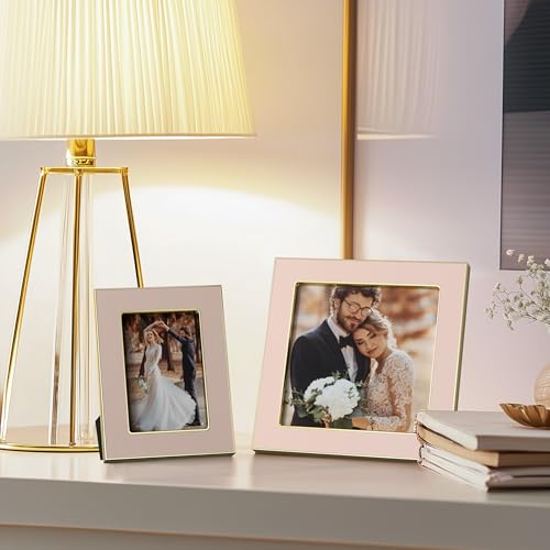 Image of eletecpro 2.5x3.5 Enamel Picture Frame with Real Glass Cover, Small Photo Frame with Gold Metal Edge, Horizontal and Vertical Display Pictures 2.5 by 3.5 for Tabletop and Wall Decor, Pink, 1 Pack