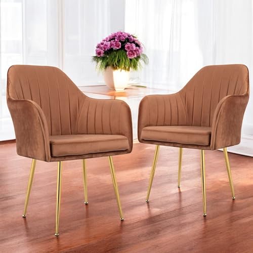 Image of Set of 2 Accent Chair for Living Room | Modern Armchair in Soft Velvet Fabric with Sturdy Legs | Premium Chair for Home Living Room Bedroom Restaurent | (Gold Legs, Light Brown)