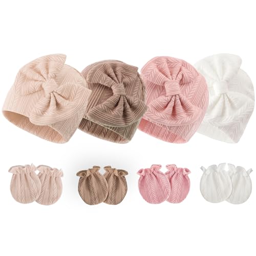 Image of BQUBO Newborn Baby Hats Bear Ears and Mittens Sets Preemie Caps Baby Boy Girl Infant Hospital Beanie for 0-3 Months