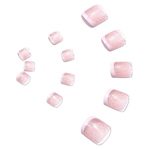 Handcess French False Toe Nails Nude Pink Glossy Press on Toe Nail Glitter Fake Toenails Full Cover Acrylic Toe Nail Art Tips for Women and Girls 24Pcs - Image 4
