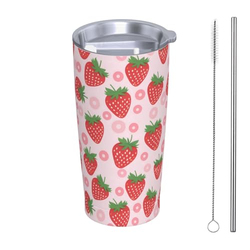 Isolierter Becher mit Deckel und Strohhalm, Erdbeerrosa Blume, einfach, modern, für Mütter, Vater, Thermos, Eiskaffee, Edelstahl, vakuumisoliert, Becher, Reisebecher für heiß und kalt