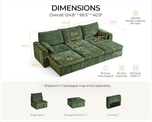 Image of 124.8'' Oversized Modular Sofa Comfy Cloud Couch with Storage, Deep Convertible Sectional Sleeper Sofa Bed for Living Room, Covers Washable, 6-Seater with 3 Ottomans, Chenille, Green