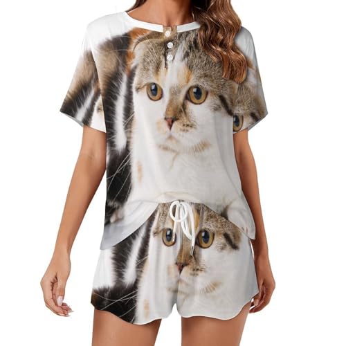 Pyjama chat pour femme avec manches courtes vêtement de nuit léger short sleepwear ete