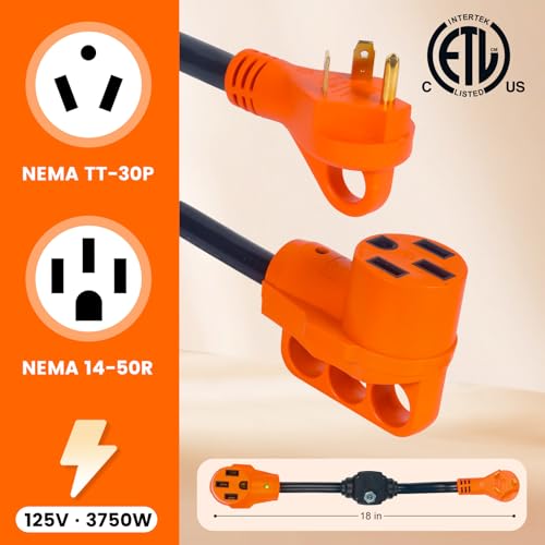 Image of Overload Protector 30 Amp to 50 Amp RV Adapter with Circuit Breaker | NEMA TT-30P to NEMA 14-50R, Electrical Power Adapter with LED Power Indicator, RV Dogbone Adapter Cord, 18 Inch