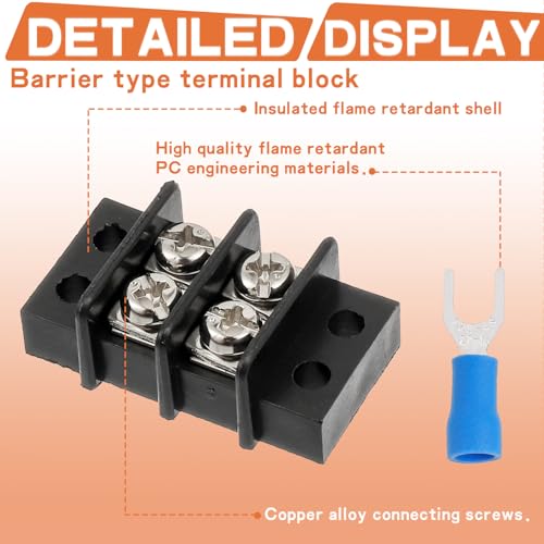 JAMHER 3 Circuits 3 Positions Terminal Block 20-30A 200-450V Dual Row Screw Terminals Strip with 30 PCS Heat Shrink Wire Fork Connectors(Pack of 5pcs)
