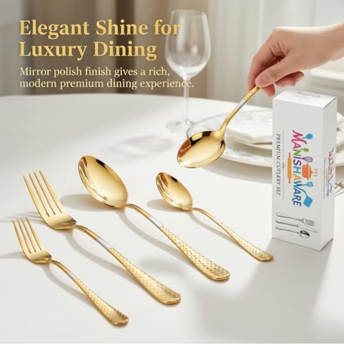 Image of Classic Gold 20 Pcs Stainless Steel Cutlery Set for Dining Table, Dishwasher Safe Glossy Flatware (Perfect Spoon Fork Set)