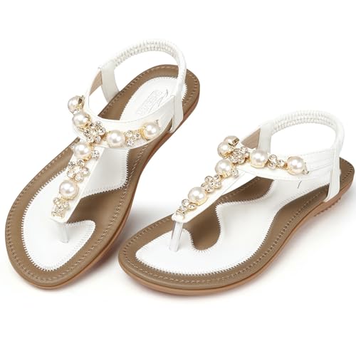 Image of SHIBEVER Flat Sandals for Women Dressy: White Size 8 Summer Comfort Dress Sandals - Comfortable Walking Dressy Slip on Thong Flats Womens Sandal