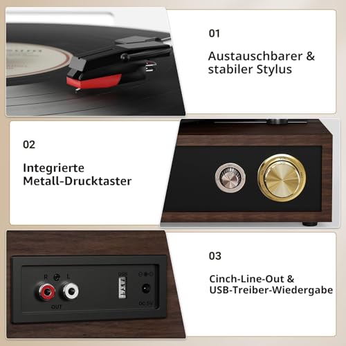 FYDEE Plattenspieler, Schallplattenspieler mit Stereo Lautsprecher, Bidirektionales Bluetooth 5.4, Direkte USB-Aufnahme Vinyl zu MP3, 3 Geschwindigkeiten (33/45/78), RCA-Ausgang, Retro Ebenholz