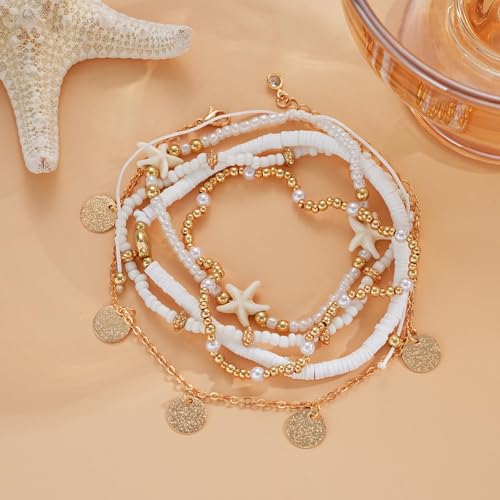 Image of Boho Shell Ankle Bracelet Set for Women, 5 Pairs 14K Boho Bead Handmade Adjustable Anklet, Hawaiian Beach Seashell Starfish Foot Jewelry Gifts