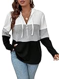 RoseSeek Women's Plus Size Half Zip Hoodie Color Block Ribbed Knit Sweatshirt Long Sleeve Drawstring Pullovers Grey 3X-Large Plus
