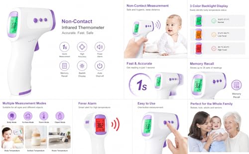Image of Non-Contact Infrared Forehead Thermometer for Adults & Kids | Fast & Accurate Digital Fever Check | LCD Display | 3-Color Fever Indicator | Memory Function | Free 2xAAA Batteries Included