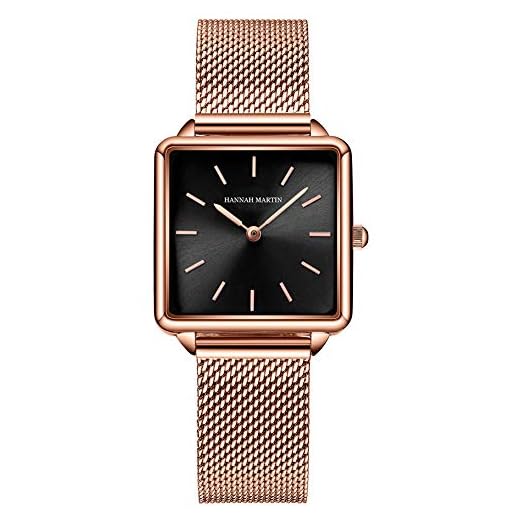 Kvinnors analoga kvartsur fyrkantig urtavla affärer avslappnad romerska siffror armbandsur roséguld rostfritt stål nät band klockor för damer, svart guld, Kvartsur