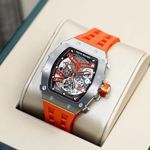 Image of TSAR BOMBA Men's Automatic Watch Tonneau Luxury Skeleton Watches for Men Mechanical 50M Waterproof Analogue Watches Mens Unique Cool Square Big Face Dial Wristwatch with Silicone Strap Band