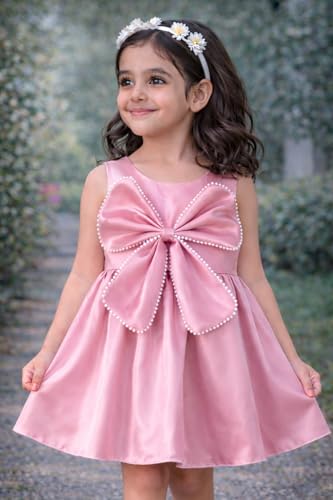 Image of Buy & Try Girls Frock Dress Crystal Moti Embellished Sleeveless Butterfly Design | Knee Length Birthday Dress for Kids with Zipper Closure